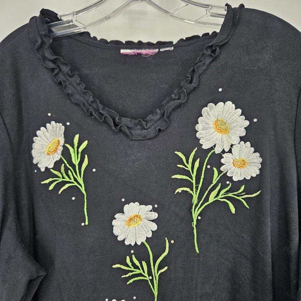 Black Daisy Embroidered Shirt Womens Large Floral Beaded 3/4 Sleeve Tunic Top - Picture 2 of 9